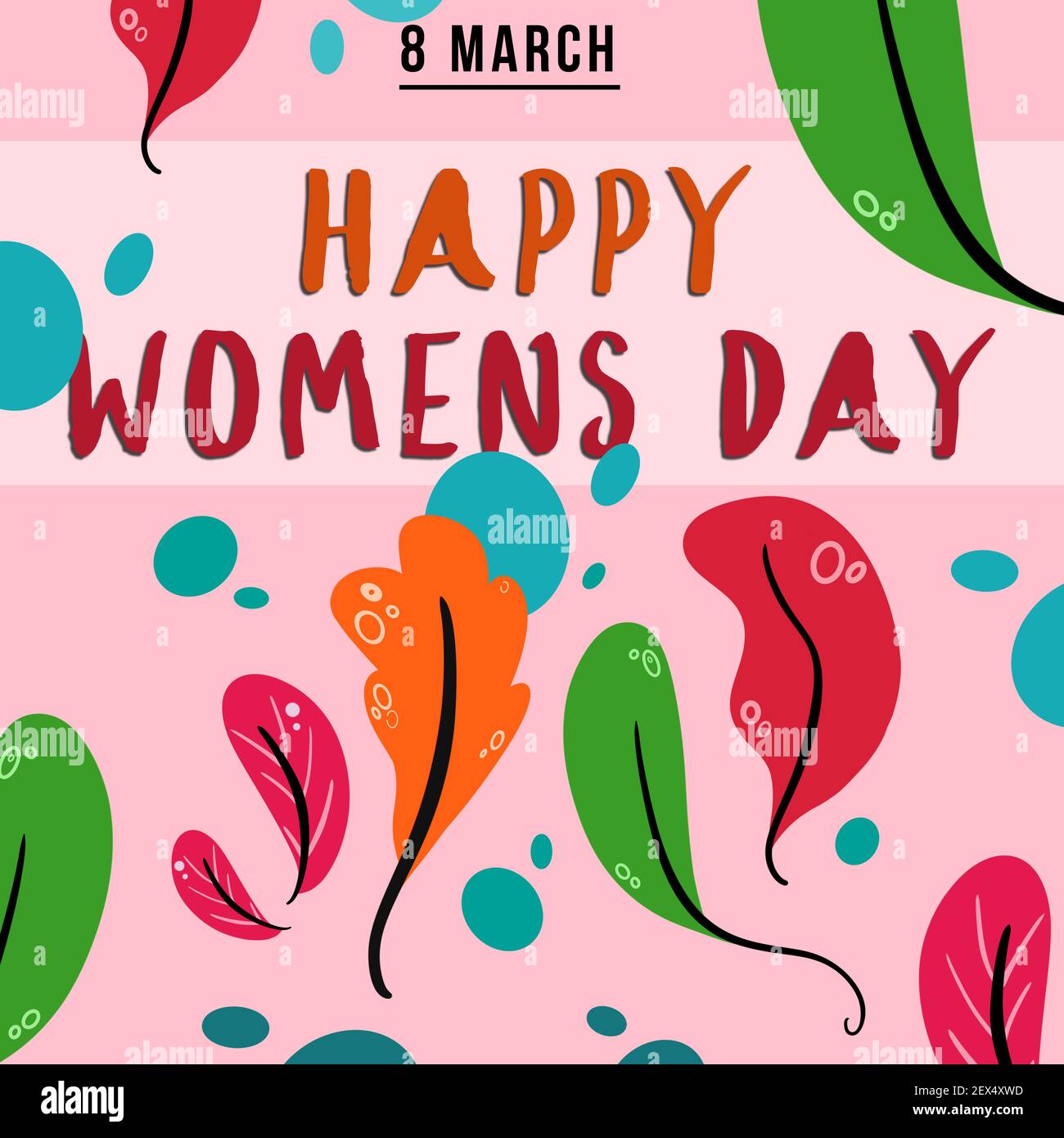 Greeting card for International Women's Day, 8 march, flyer for holidays with flowers and leaves illustrations, wishing happy holiday Stock Photo