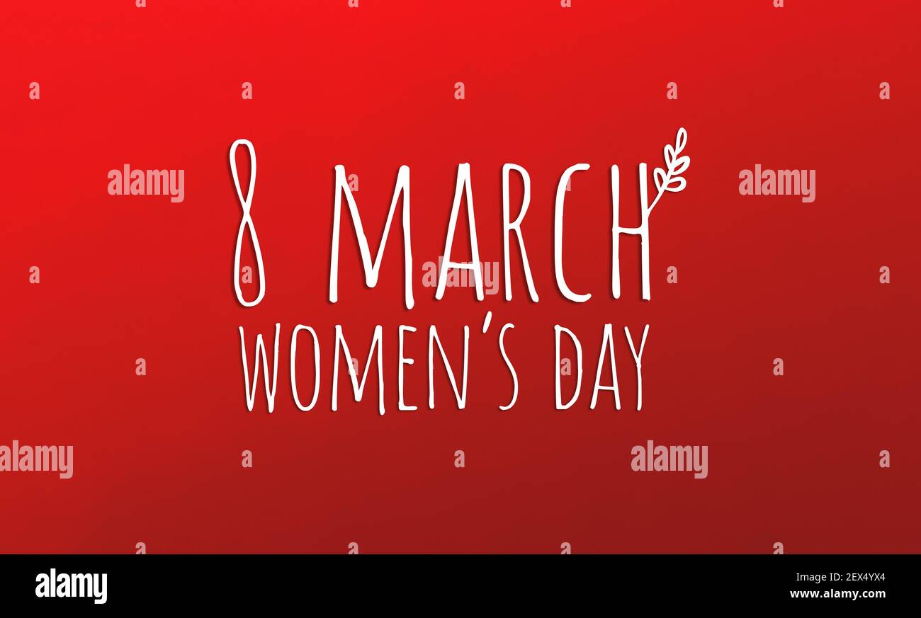 Greeting card for 8 march women's day, banner with text inscription on red background, illustration Stock Photo