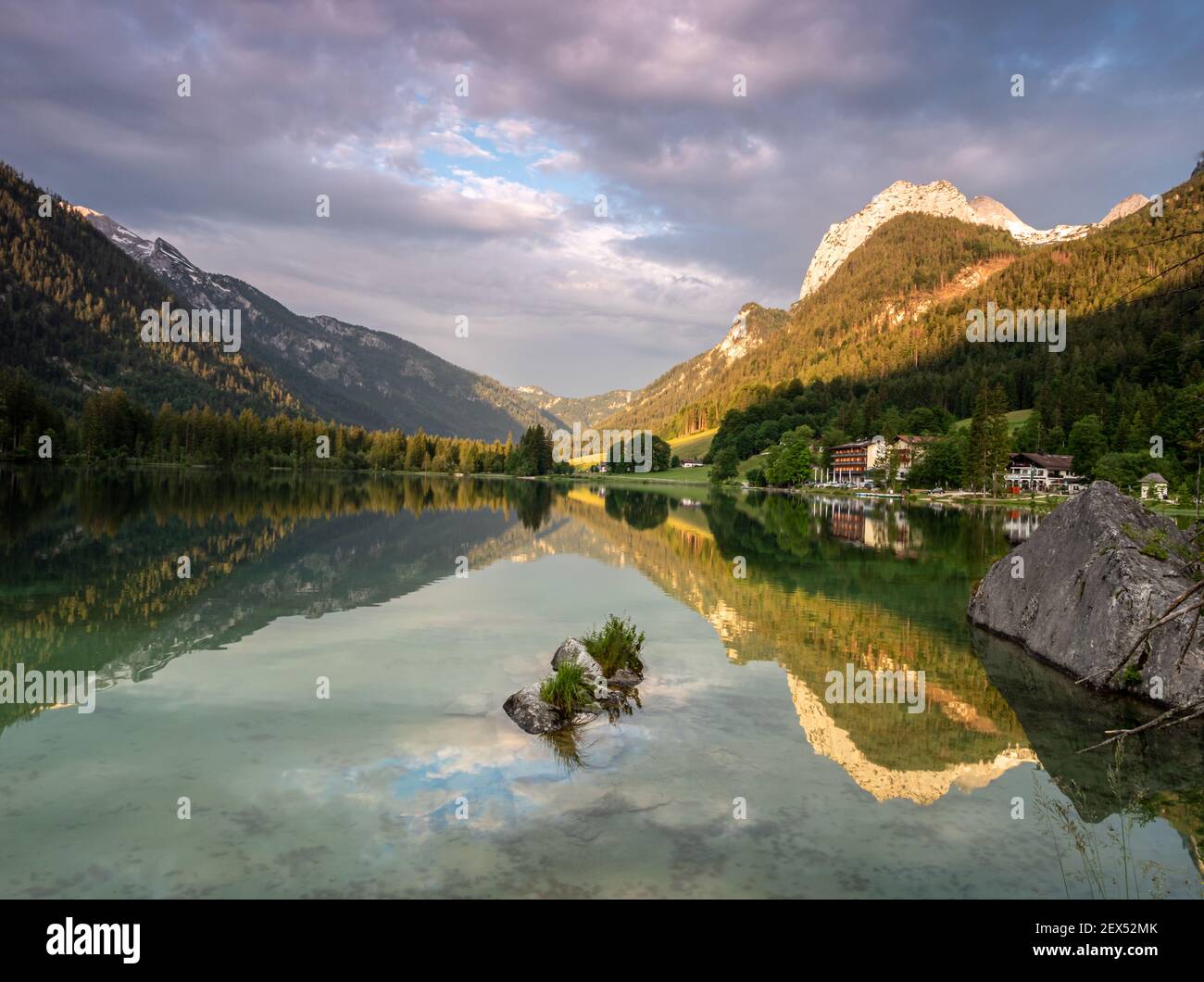 evening atmosphere at the Hintersee in Ramsau Berchtesgadener Land Stock Photo