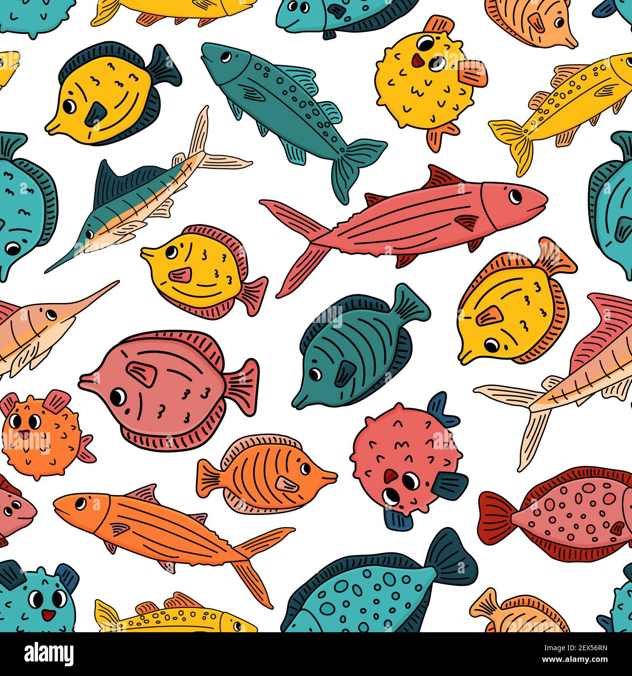 Bright Seamless pattern of Doodle isolated pink yellow blue outline