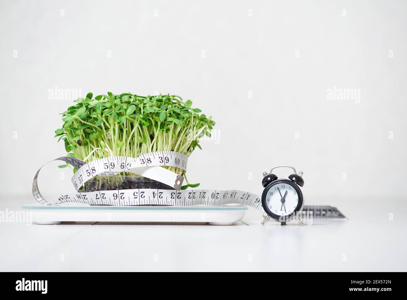micro-green on the scale for measuring body weight, centimeter tape for the body, clock on a light background. means and items for a diet, a healthy l Stock Photo