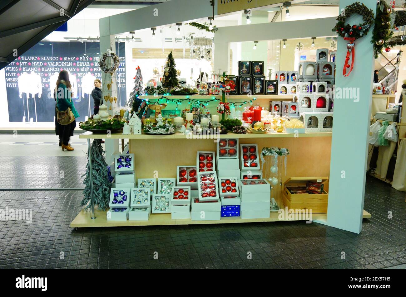 POZNAN, POLAND - Dec 01, 2013: Christmas decoration for sale at a stand in the Stary Browar shopping mall Stock Photo