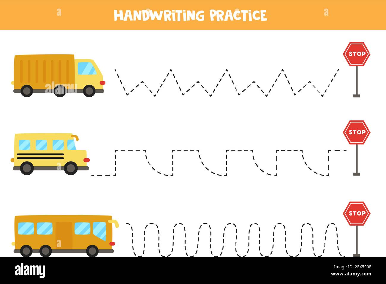 Tracing lines for kids with colorful transportation means. Handwriting
