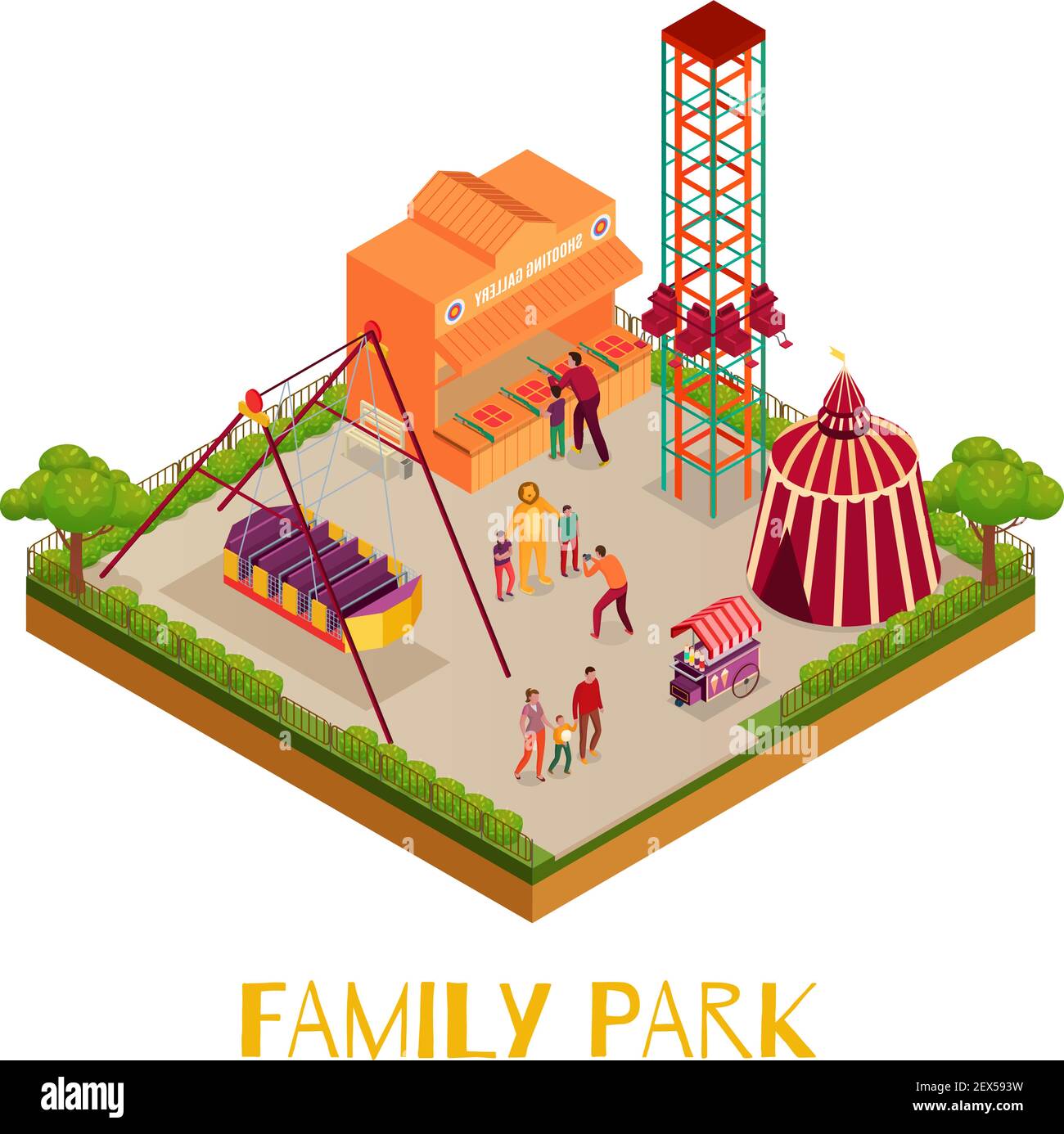 Family park with adults and kids circus marquee attractions shooting gallery on white background isometric vector illustration Stock Vector