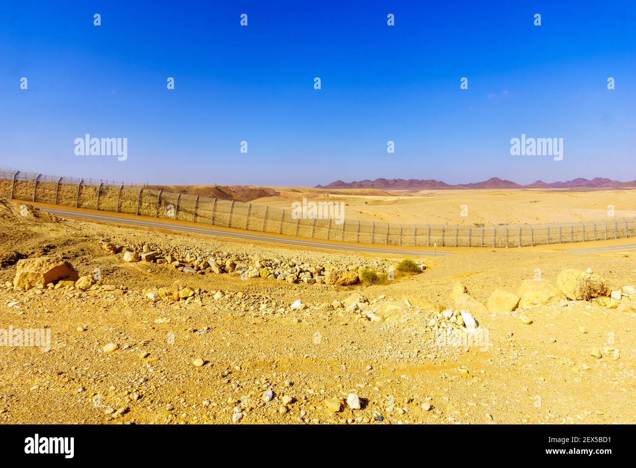View of desert landscape and the Israel - Egypt border. Eilat Mountains, southern Israel Stock Photo