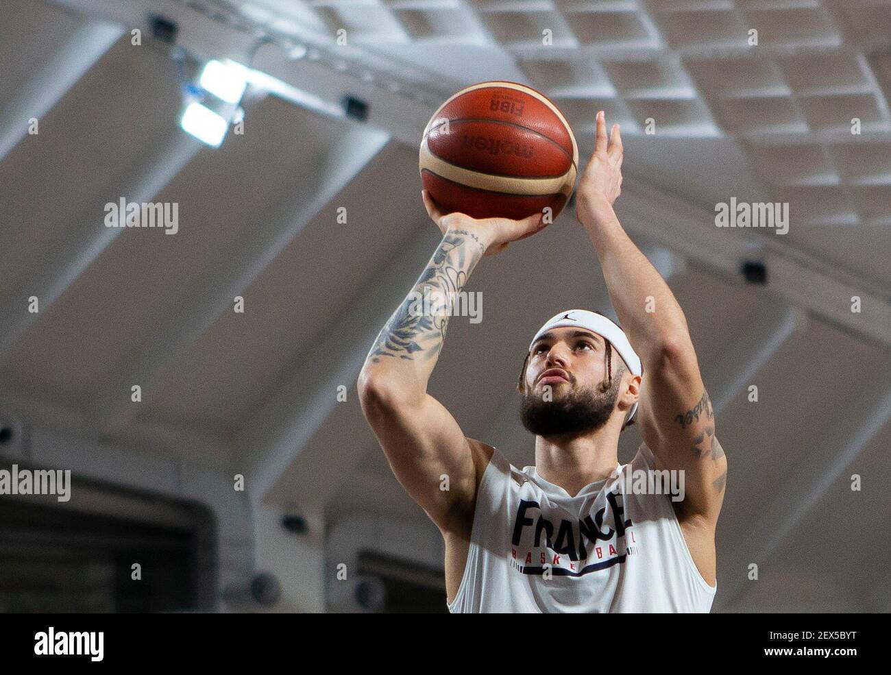 Podgorica, Montenegro. 20th February, 2021. Isaia Cordinier of France warms up. Credit: Nikola Krstic/Alamy Live News Stock Photo