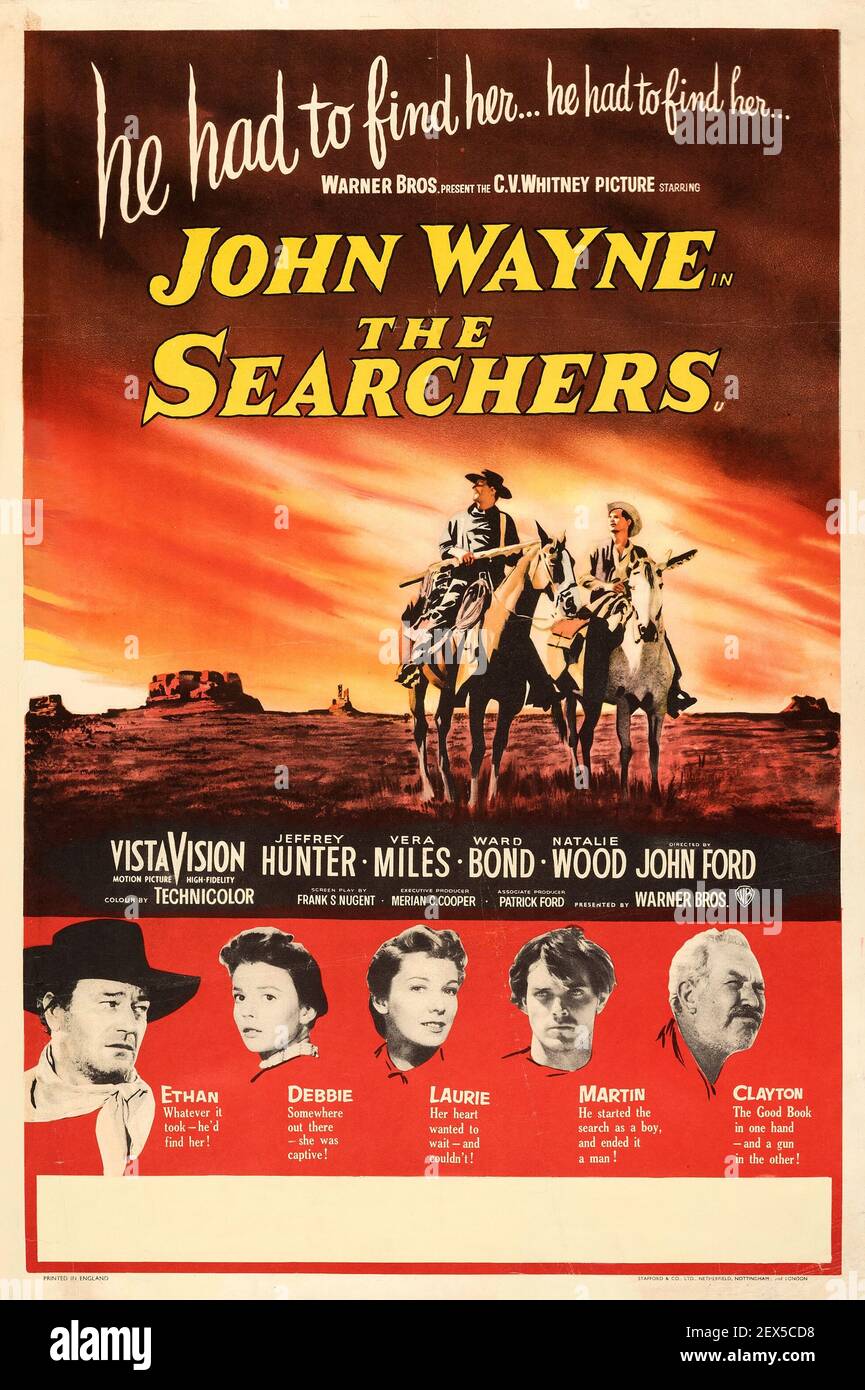 John Wayne - The Searchers  - Classic movie poster, Wild West, old western film, John Wayne, Nathalie Wood. John Ford movie. 1956. Stock Photo