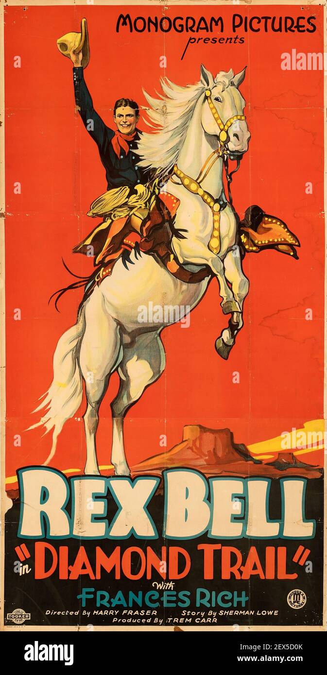 Rex Bell, Diamond Trail, Frances Rich, Classic movie poster, Wild West, old western film. 1933. Stock Photo