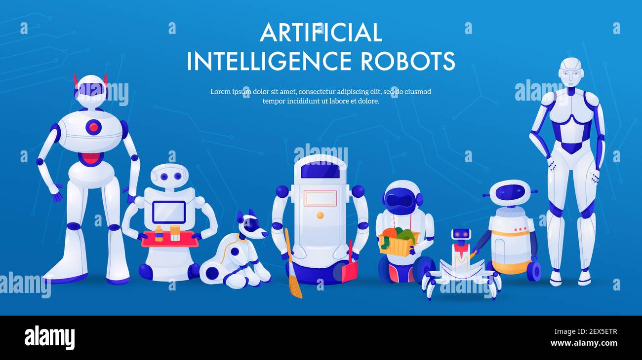 Set of machines artificial intelligence robots pets and household ...