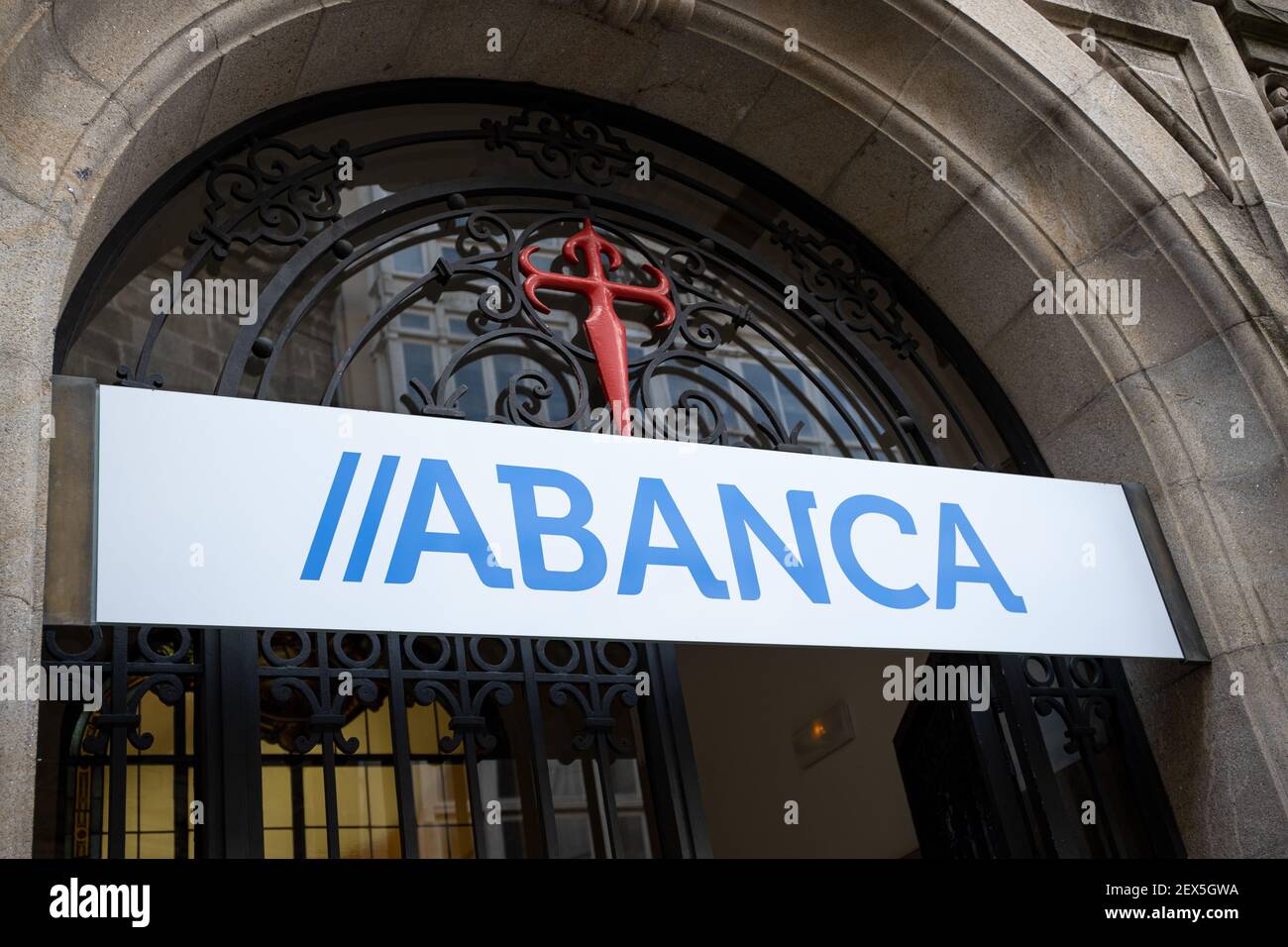 Santiago de Compostela Spain; march 03, 2021: Abanca bank sign on building facade of historic downtown of Santiago de Compostela, Spain Stock Photo