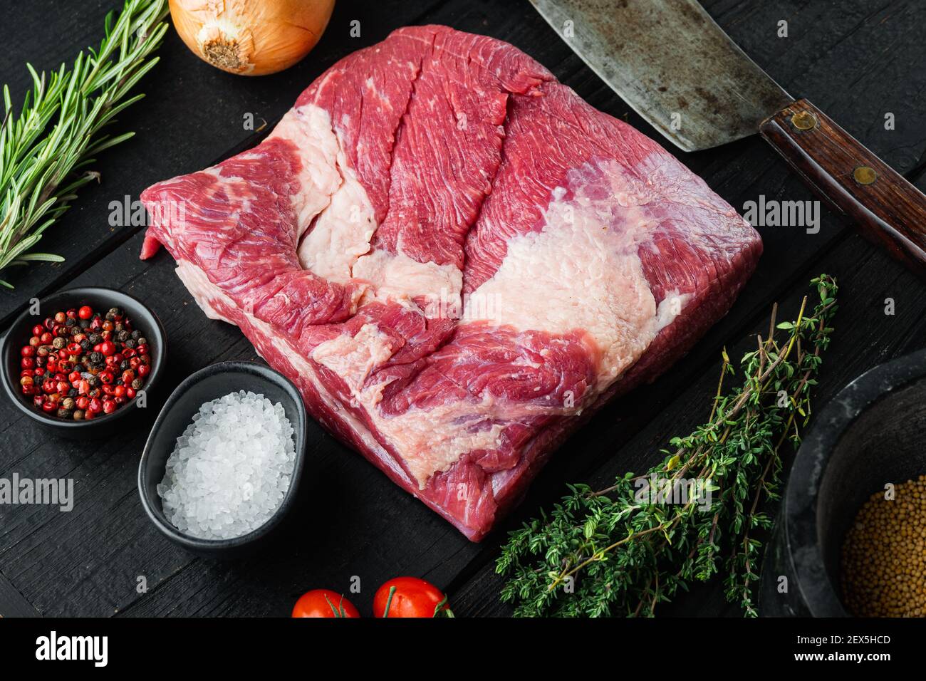 Raw brisket, beef brisket meat set,with ingredients for smoking making