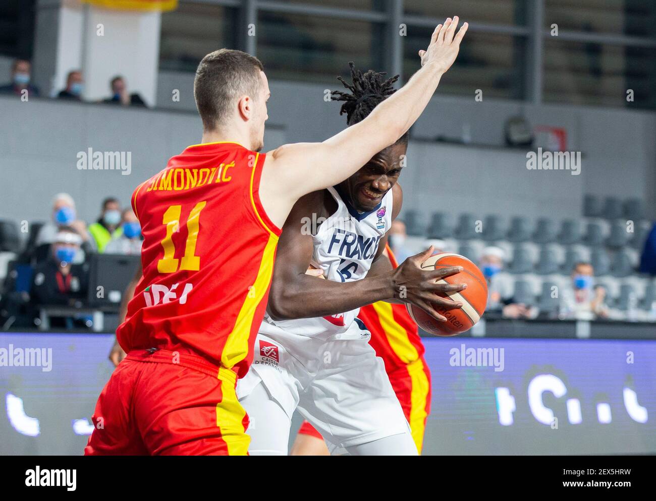 Podgorica, Montenegro. 20th February, 2021. Jerry Boutsiele of France competes against Marko Simonovic of Montenegro. Credit: Nikola Krstic/Alamy Live News Stock Photo