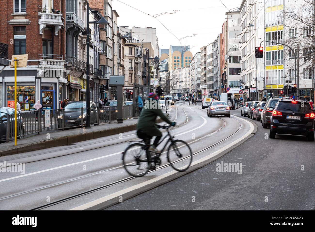 Antwerp, Flanders Belgium 12 28 2020 Road with tramways, bikes and