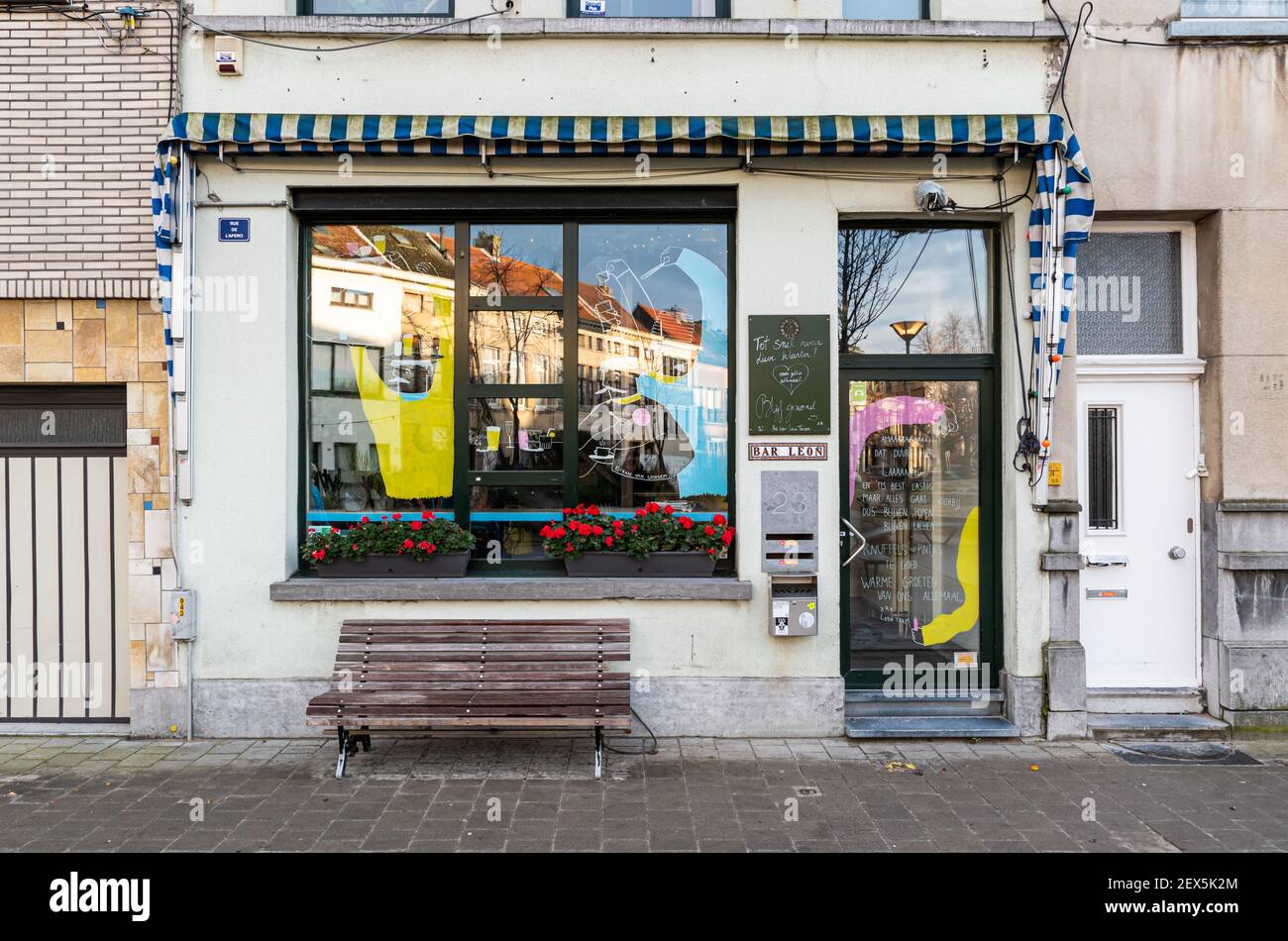 Antwerp, Flanders - Belgium - 12 28 2020: Facade of the bar Leon, a local bar and restaurant Stock Photo