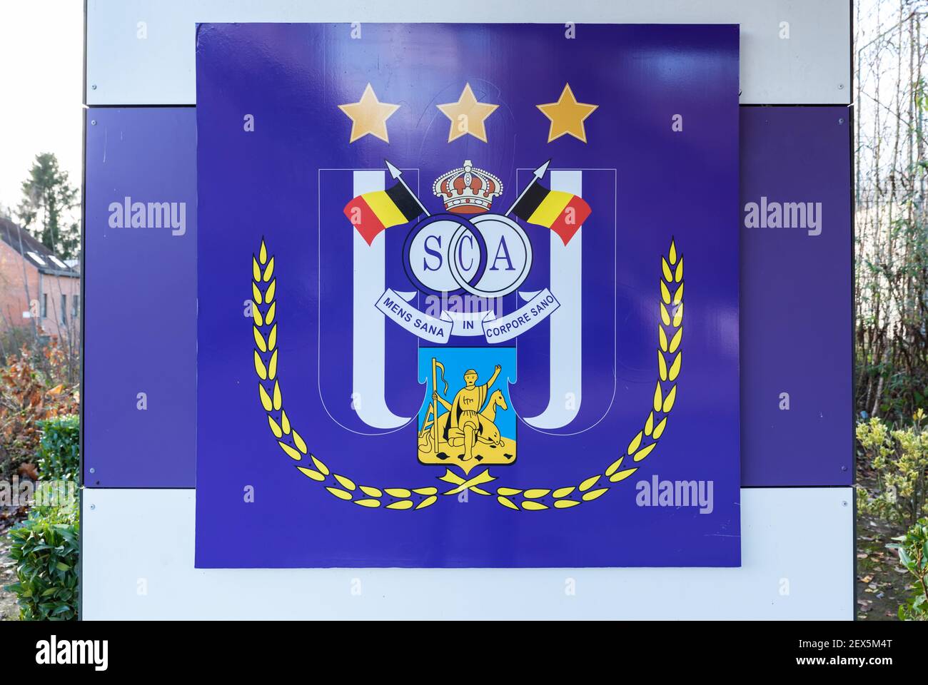 Anderlecht, Brussels Capital Region - Belgium : 12 25 2020: Entrance and sign of the Royal Sporting Club Anderlecht Belfius Academy, the soccer traini Stock Photo