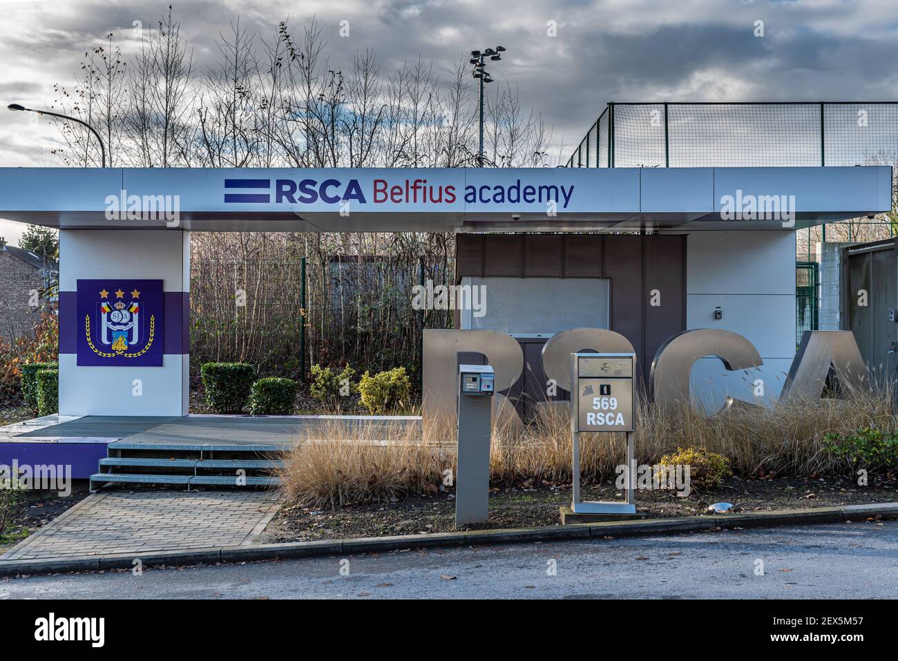 Anderlecht, Brussels Capital Region - Belgium : 12 25 2020: Entrance and sign of the Royal Sporting Club Anderlecht Belfius Academy, the soccer traini Stock Photo