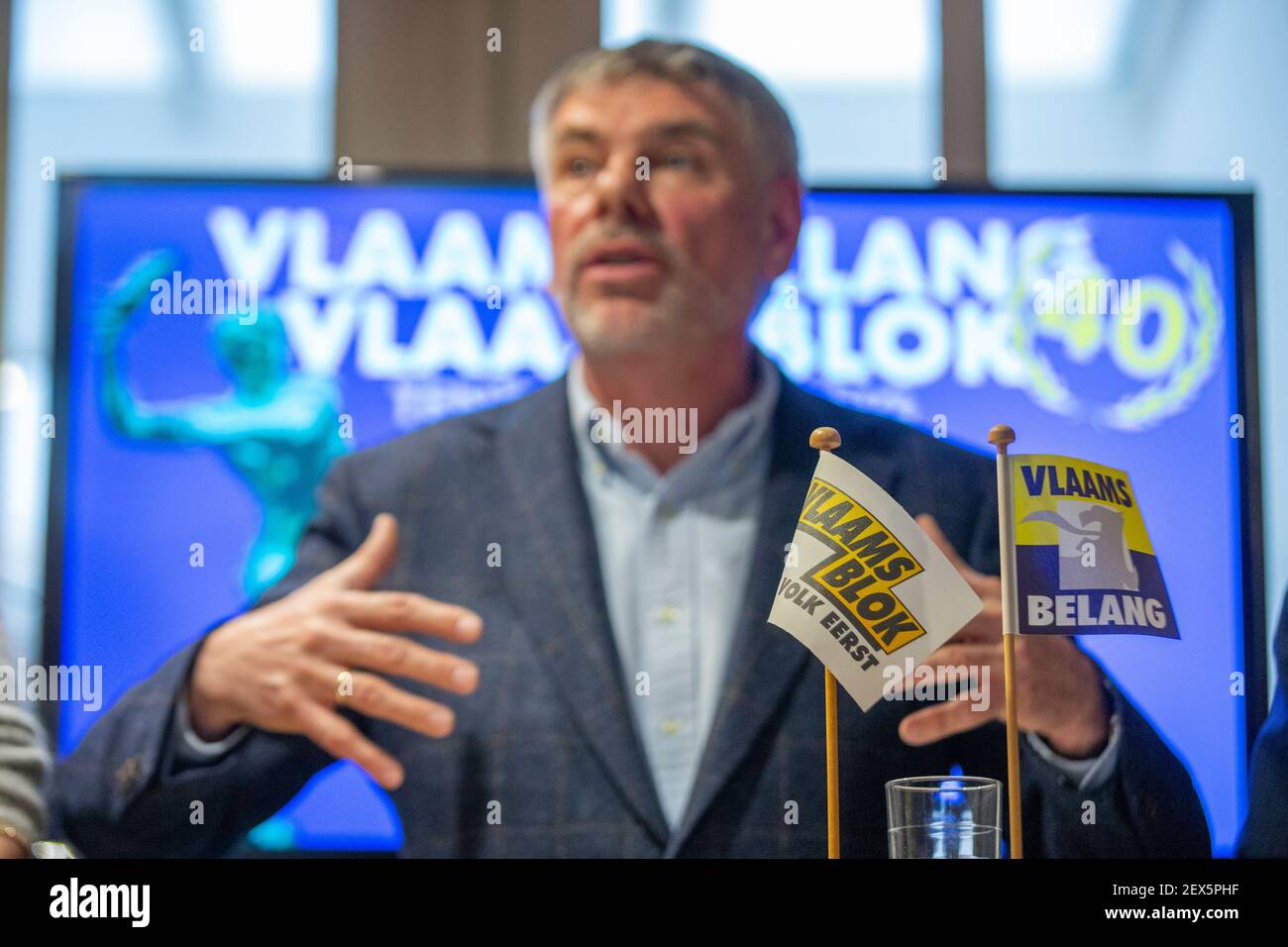 Vlaams Belang's Filip Dewinter pictured during a press moment concerning the fortieth anniversary of Flemish far right party Vlaams Belang which start Stock Photo