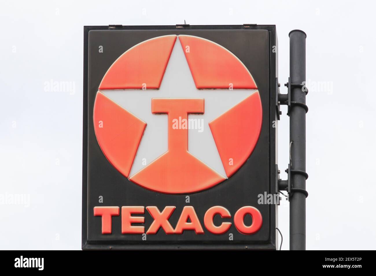 Luxembourg, Luxembourg - September2, 2018: Texaco logo on a pole. Texaco is an American oil subsidiary of Chevron Corporation Stock Photo