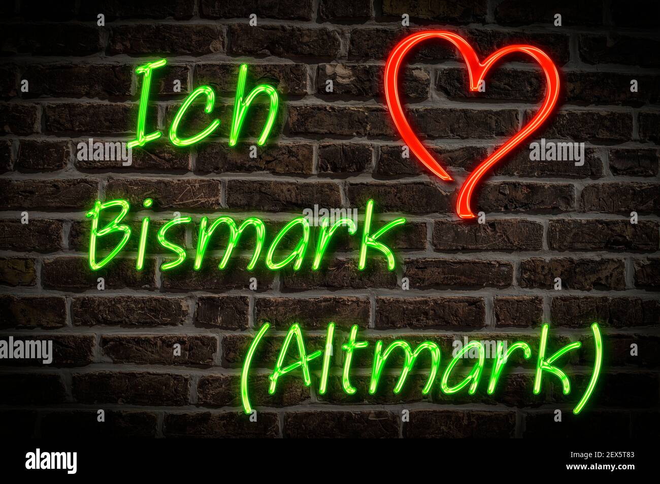 Illuminated advertising, I love Bismark (Altmark), Saxony-Anhalt, Germany, Europe Stock Photo