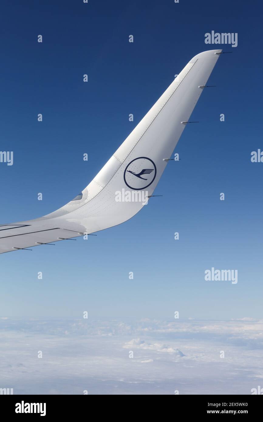 Germany - October 8, 2016: Lufthansa logo on an aircraft. Lufthansa is a german airline and also the largest airline in Europe Stock Photo