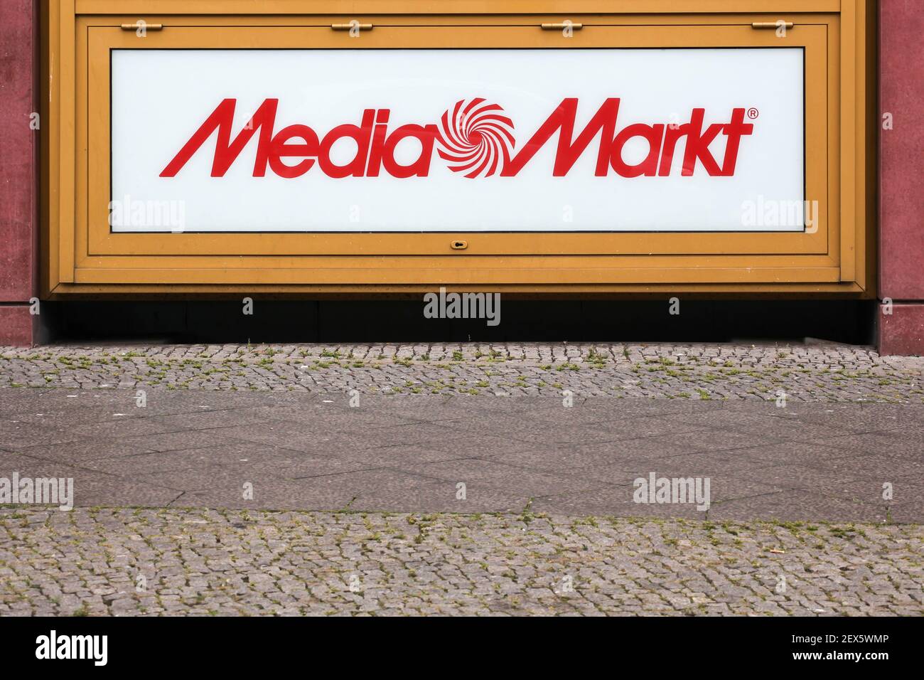 Berlin, Germany - July 12, 2020: Media Markt logo on a building. Media Markt is a German chain of stores selling consumer electronics Stock Photo