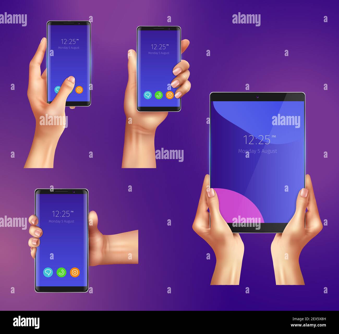 Set of realistic gadgets smart phones and tablet in female hands