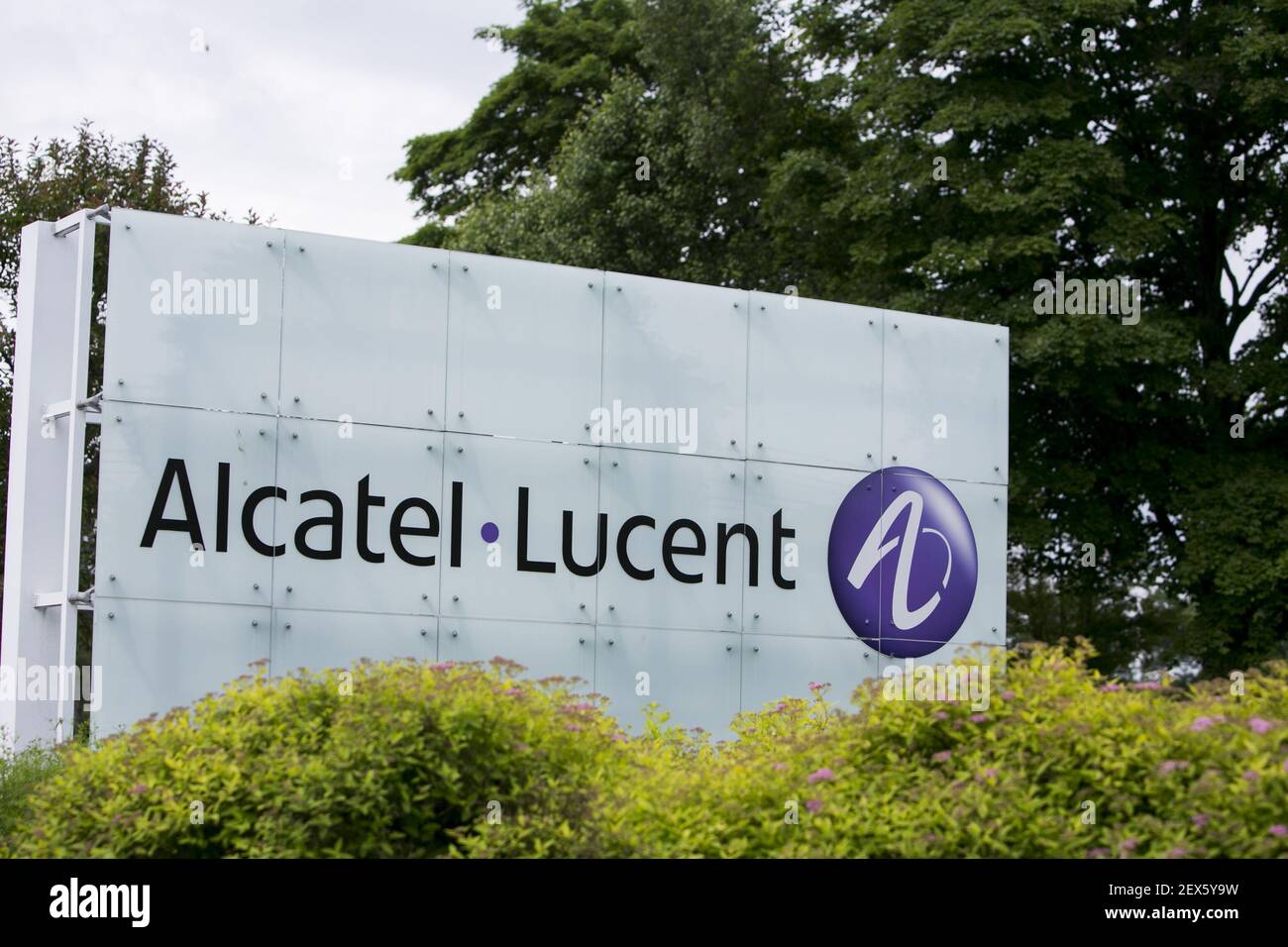 A logo sign outside of the headquarters of Bell Labs, a subsidiary of