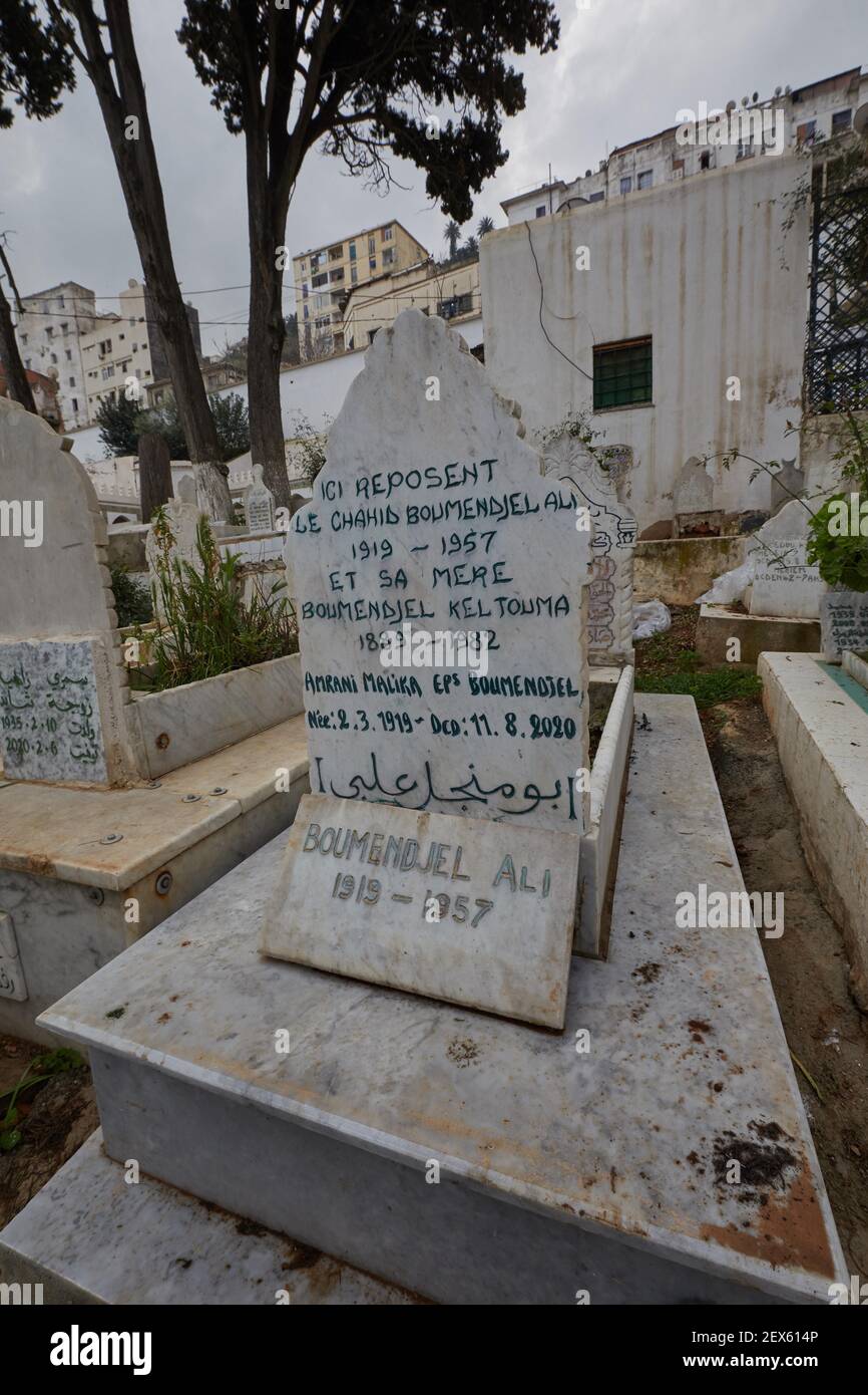 A view of Ali Boumendjel’s grave on March 3, 2021 in Algiers, Algeria. French forces "tortured and murdered" Algerian freedom fighter Ali Boumendjel during his country's war for independence, President Emmanuel Macron admitted on Tuesday, officially reappraising a death that was covered up as a suicide. Macron made the admission “in the name of France” during a meeting with Boumendjel’s grandchildren. Atrocities committed by both sides during the 1954-1962 Algerian war of independence continue to strain relations between the countries. Boumendjel, a nationalist and lawyer, was arrested during Stock Photo