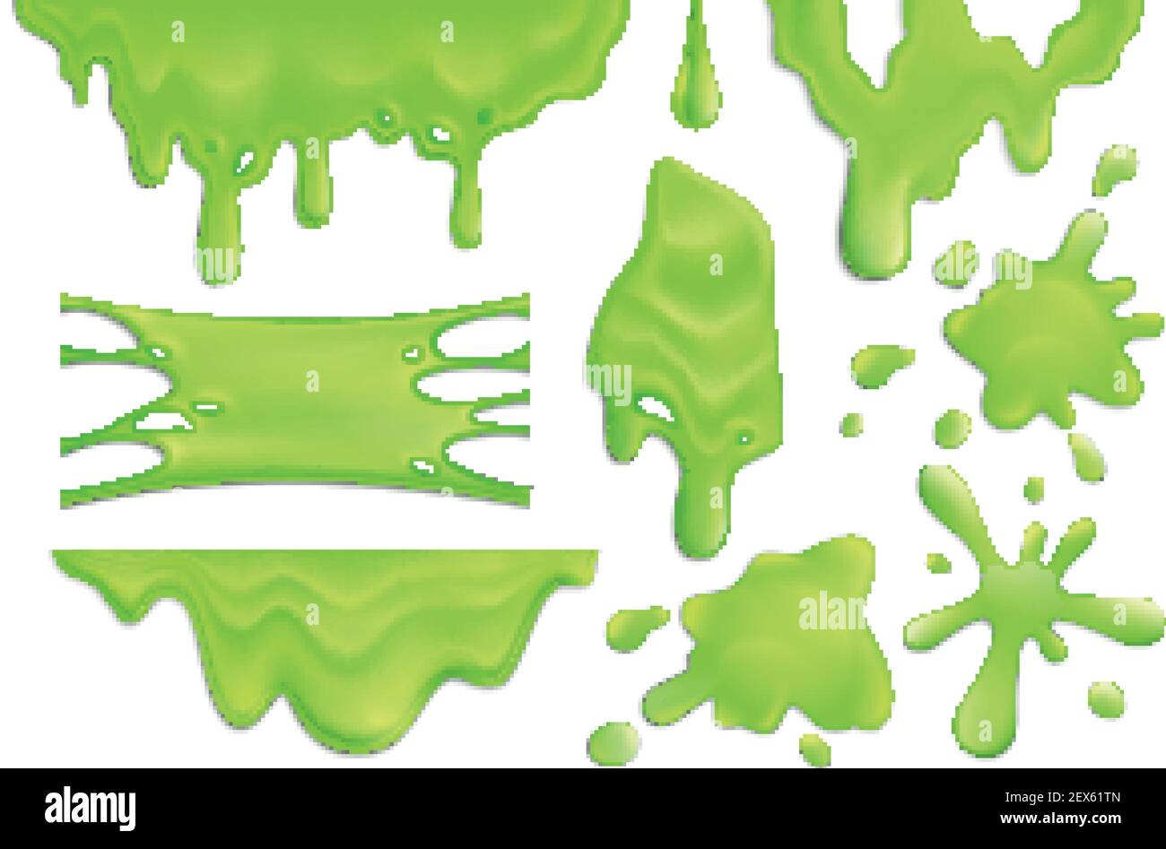 Realistic set of green slime blots and drops isolated on white background vector illustration Stock Vector