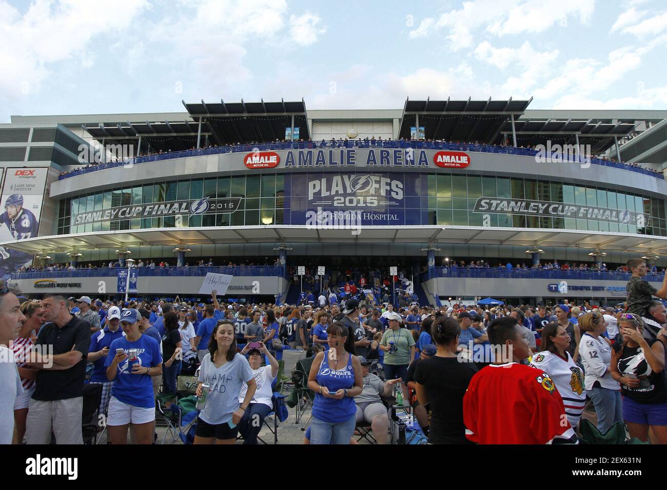 Hundreds of fans gather outside of Amalie Arena before the start of Game 1  of the Stanley Cup Final in Tampa, Fla., as the Tampa Bay Lightning play  host to the Chicago