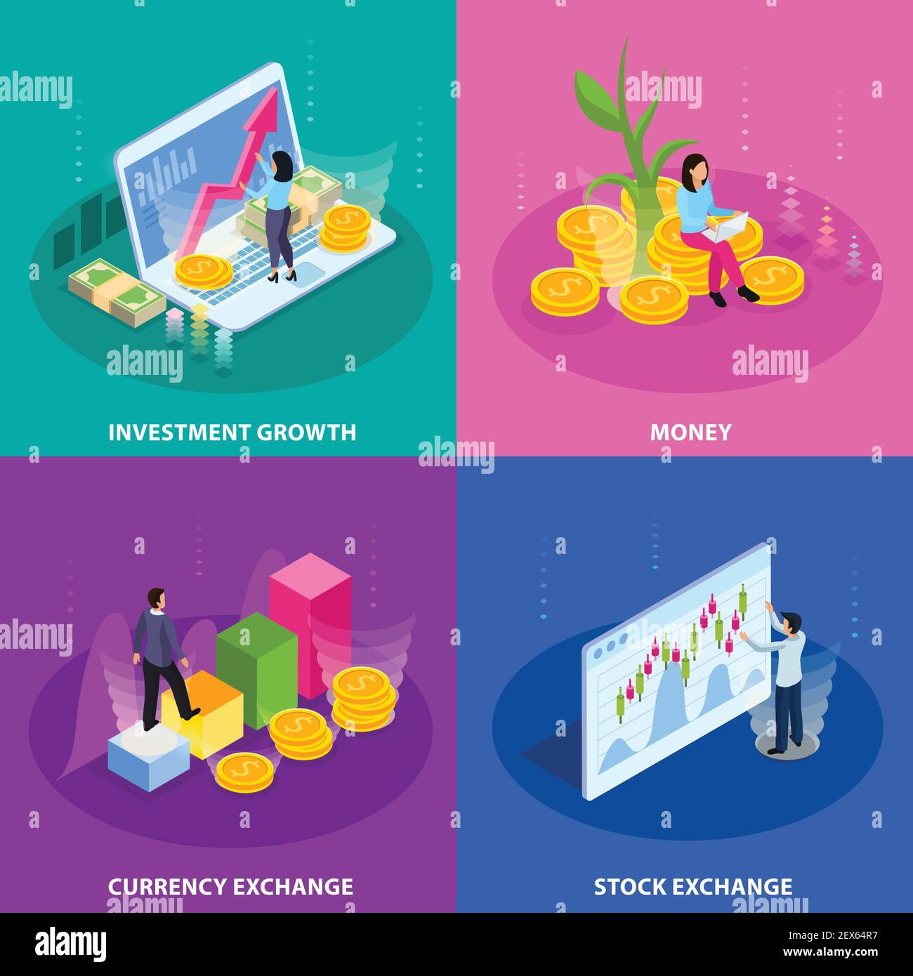 Stock exchange isometric icon set with investment growth money currency
