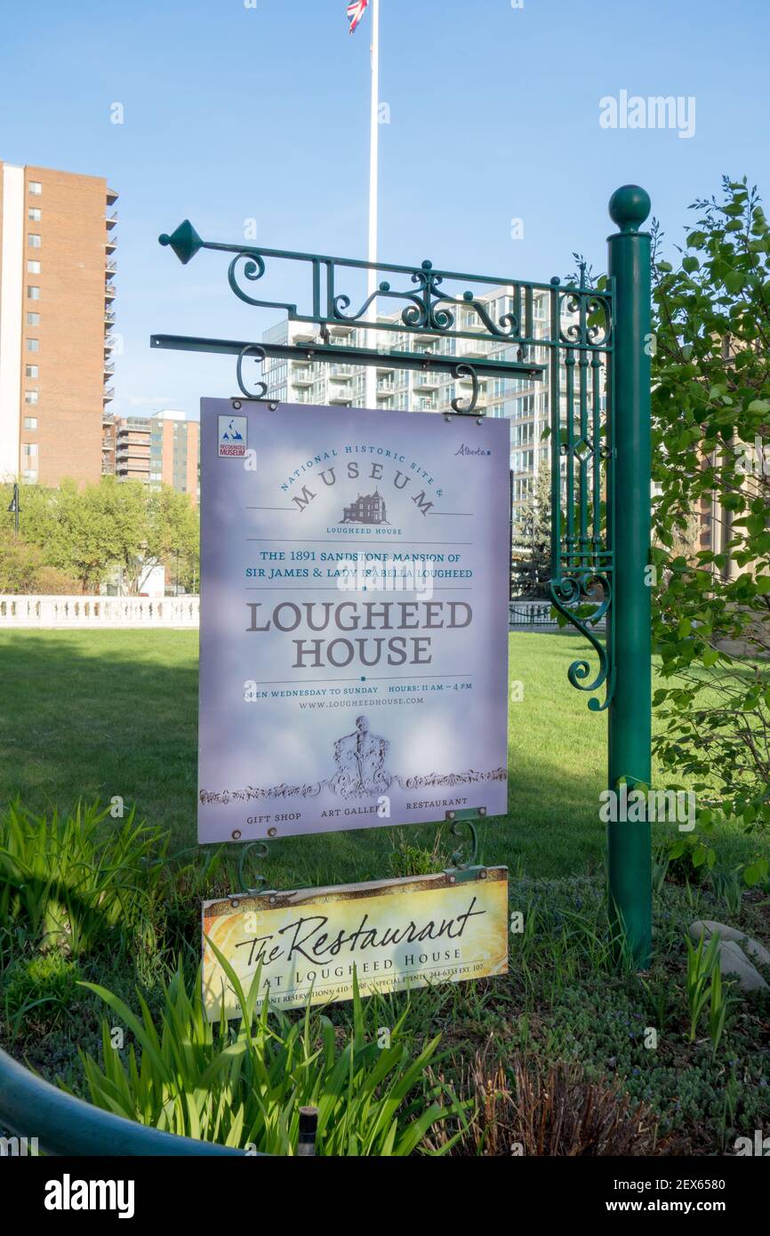 Sign for Lougheed House, or as it was originally known Beaulieu, is a National Historic Site located in the Beltline district of Calgary, Alberta Stock Photo