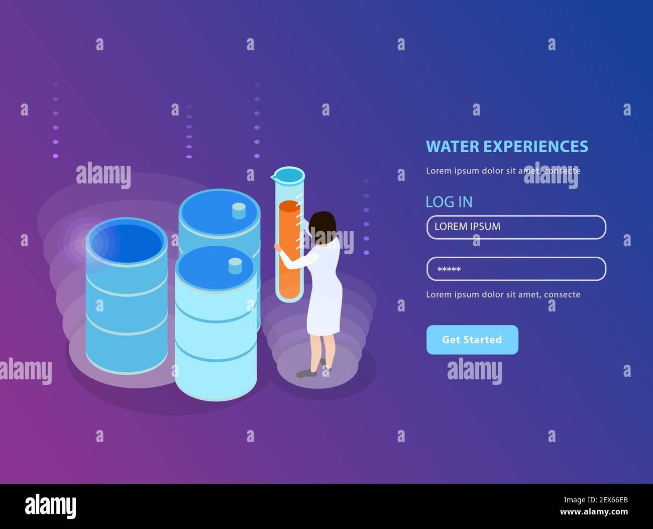 Water purification isometric landing page for website with registration