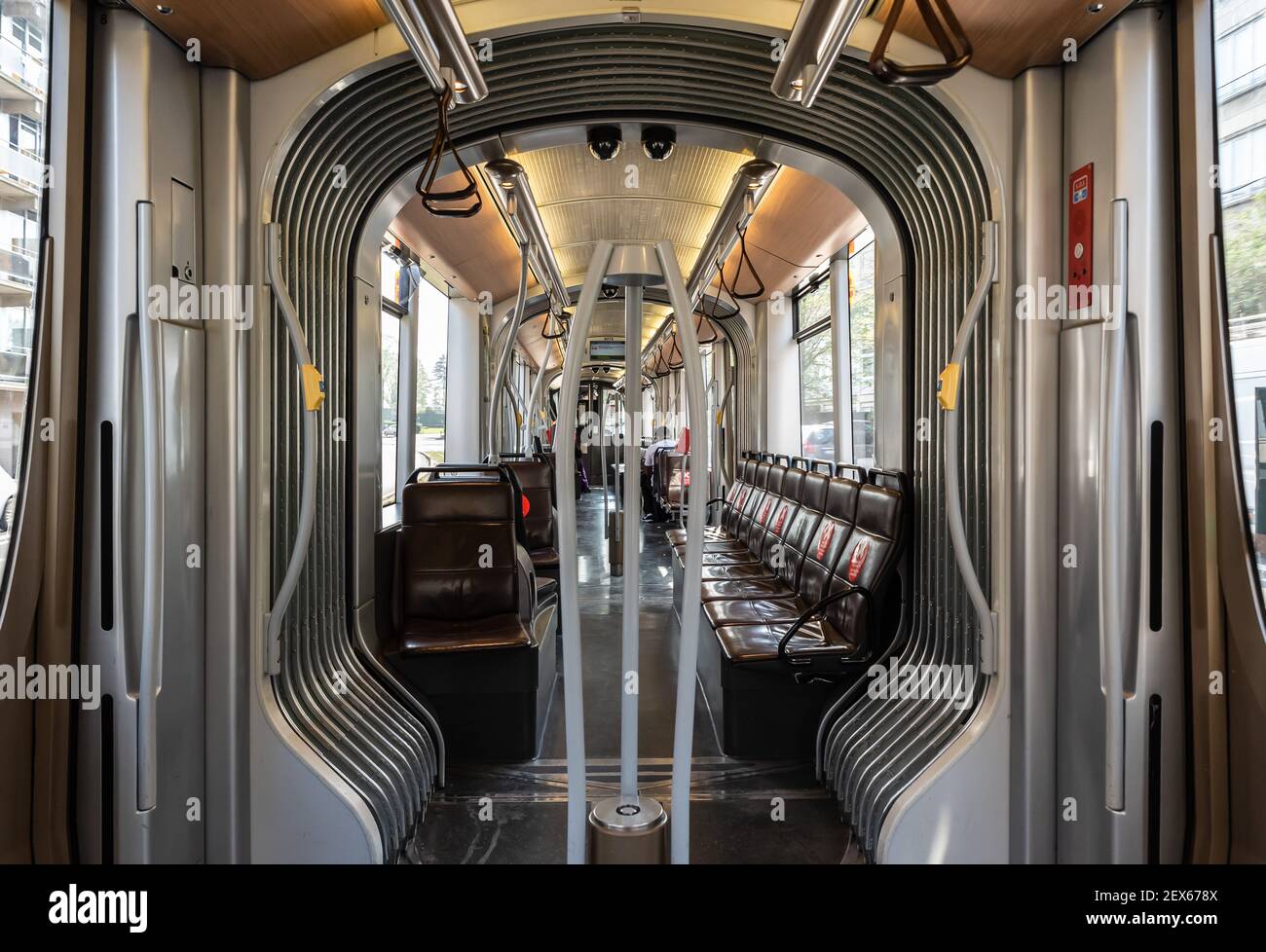 Contemporary interior design of a modern tramway during the Brussels ...