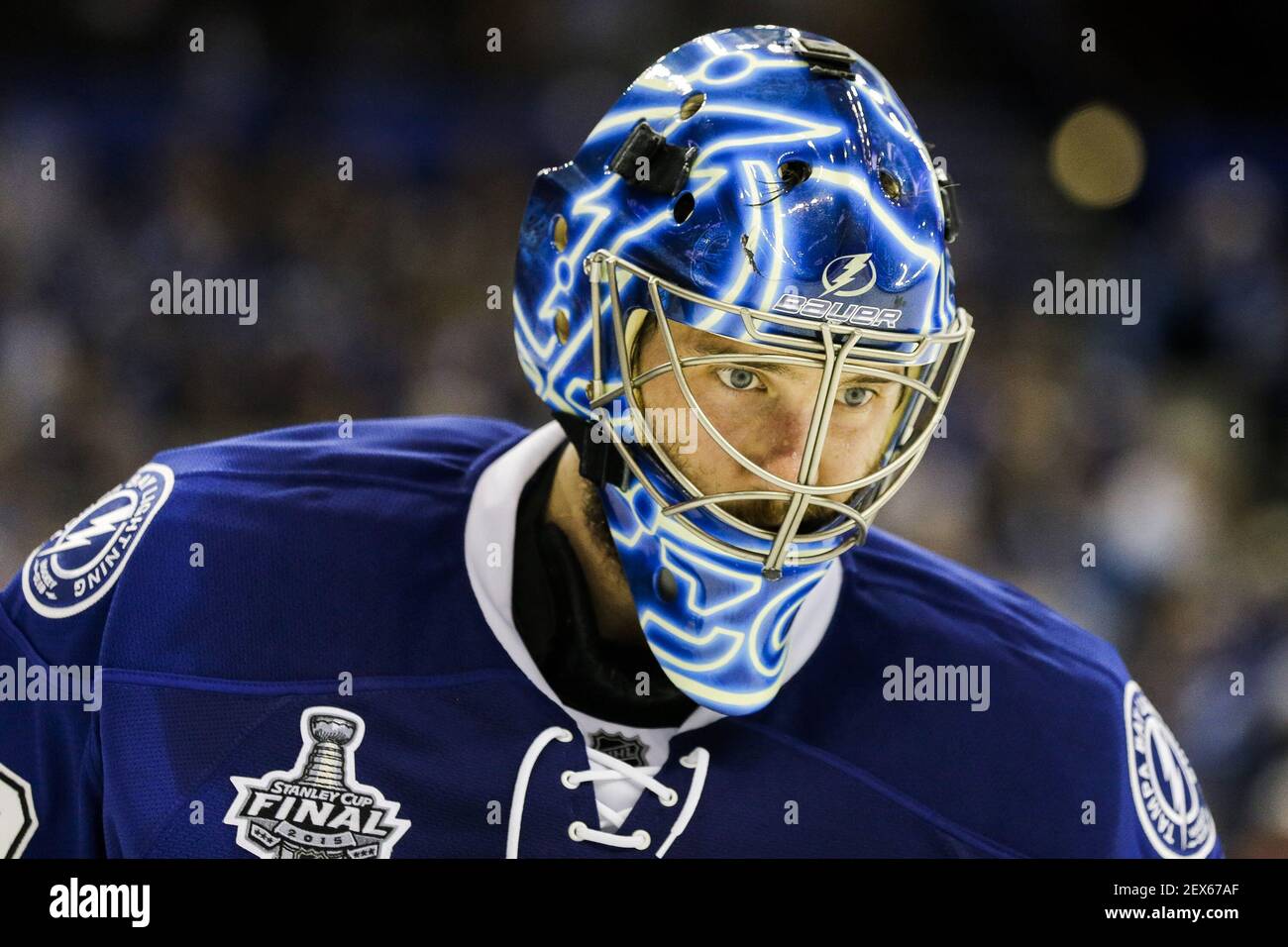 Tampa, USA. 12th Jan, 2017. Tampa Bay Lightning goalie Ben Bishop (30) in  net during second period action at the Amalie Arena in Tampa. Bishop had  been out several weeks due to