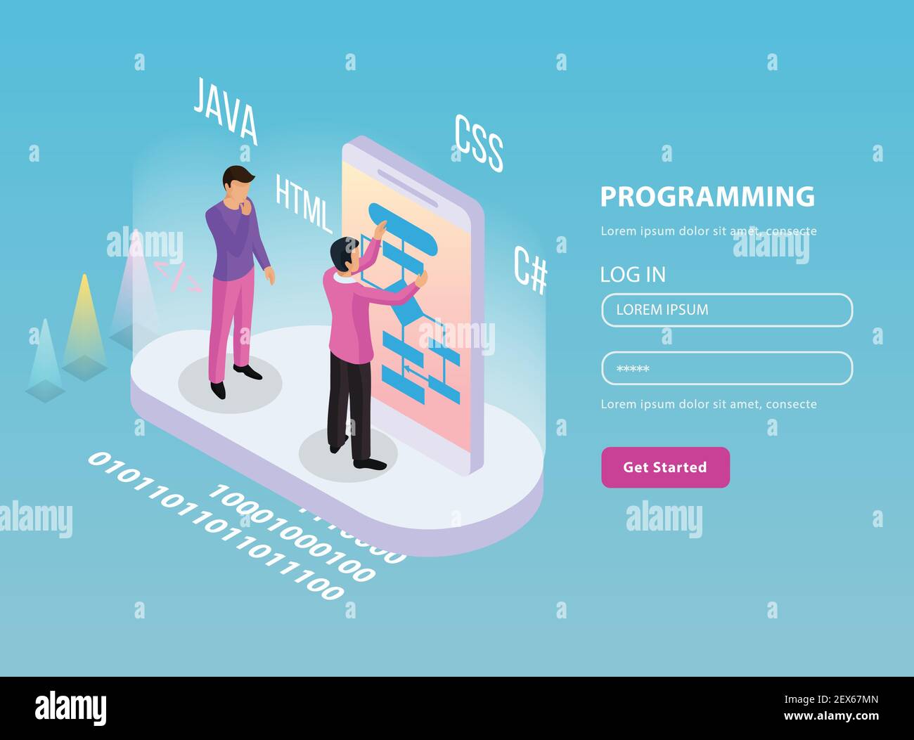 Freelance programming isometric composition with two programmers on work and log in password lines vector illustration Stock Vector