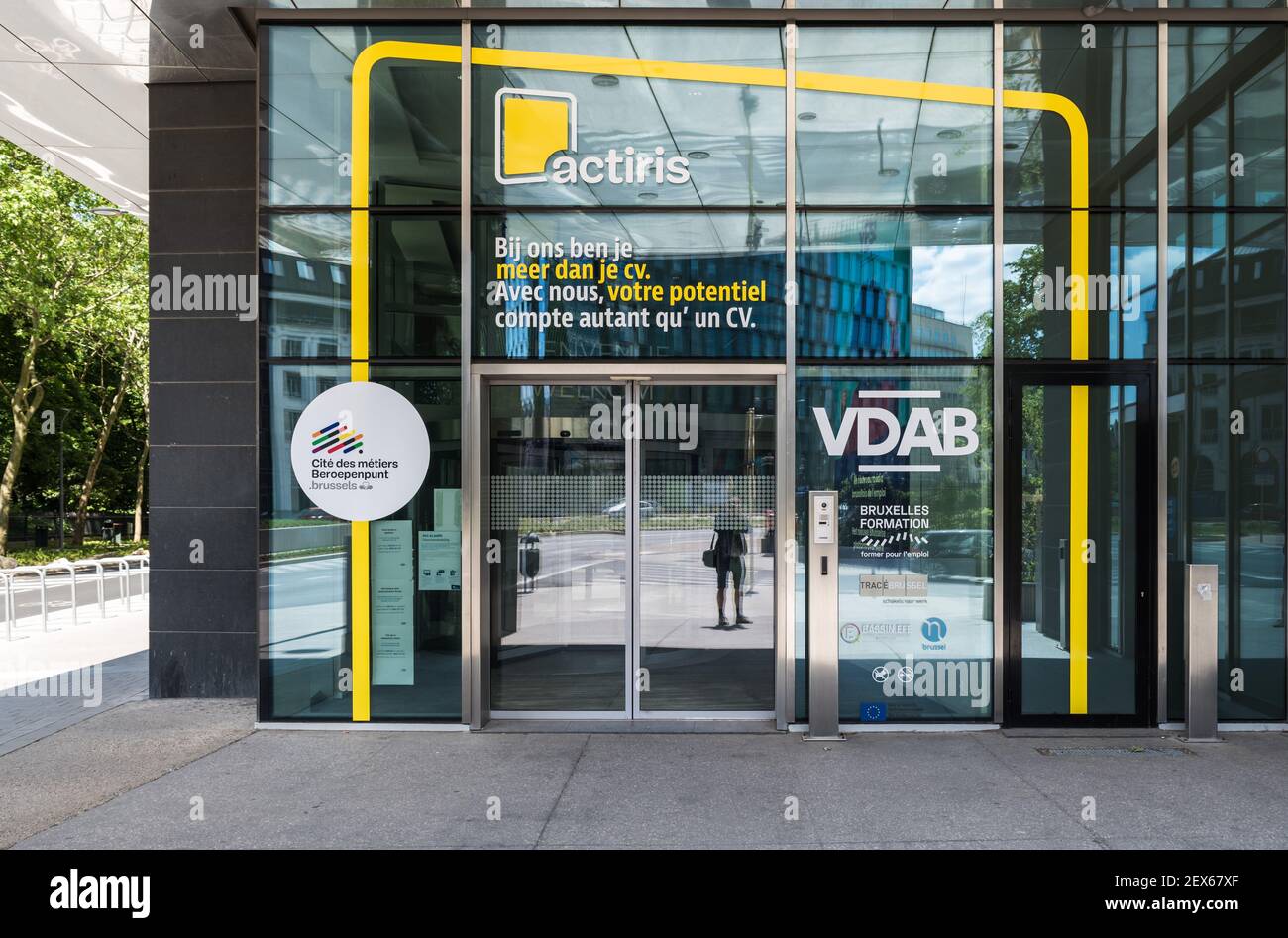 Saint - Josse, Brussels Capital Region / Belgium - 05 20 2020: Glass entrance door of the VDAB labour administration at the Astro Tower Stock Photo