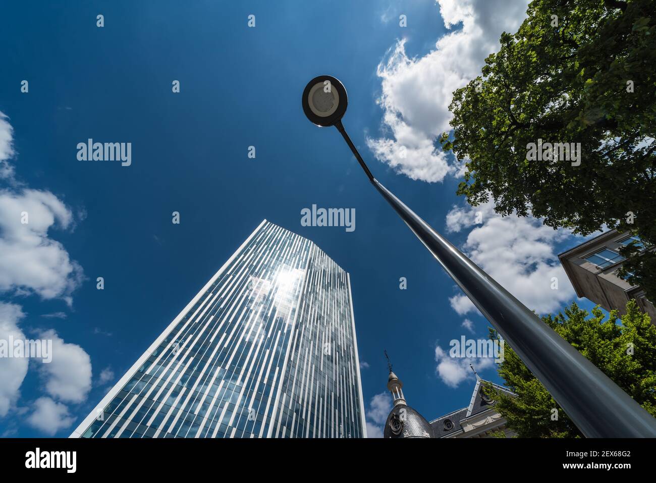 Saint - Josse, Brussels Capital Region / Belgium - 05 20 2020: View of the Astro tower with blue sky, with the Actiris and VDAB job offices Stock Photo