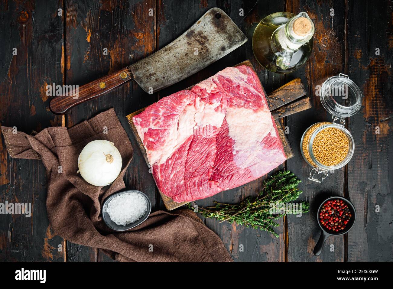 Beef navel, raw beef brisket meat set,with ingredients for smoking