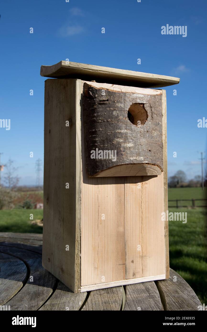 New nestbox for woodpecker homemade from scraps of recycled timber Stock Photo