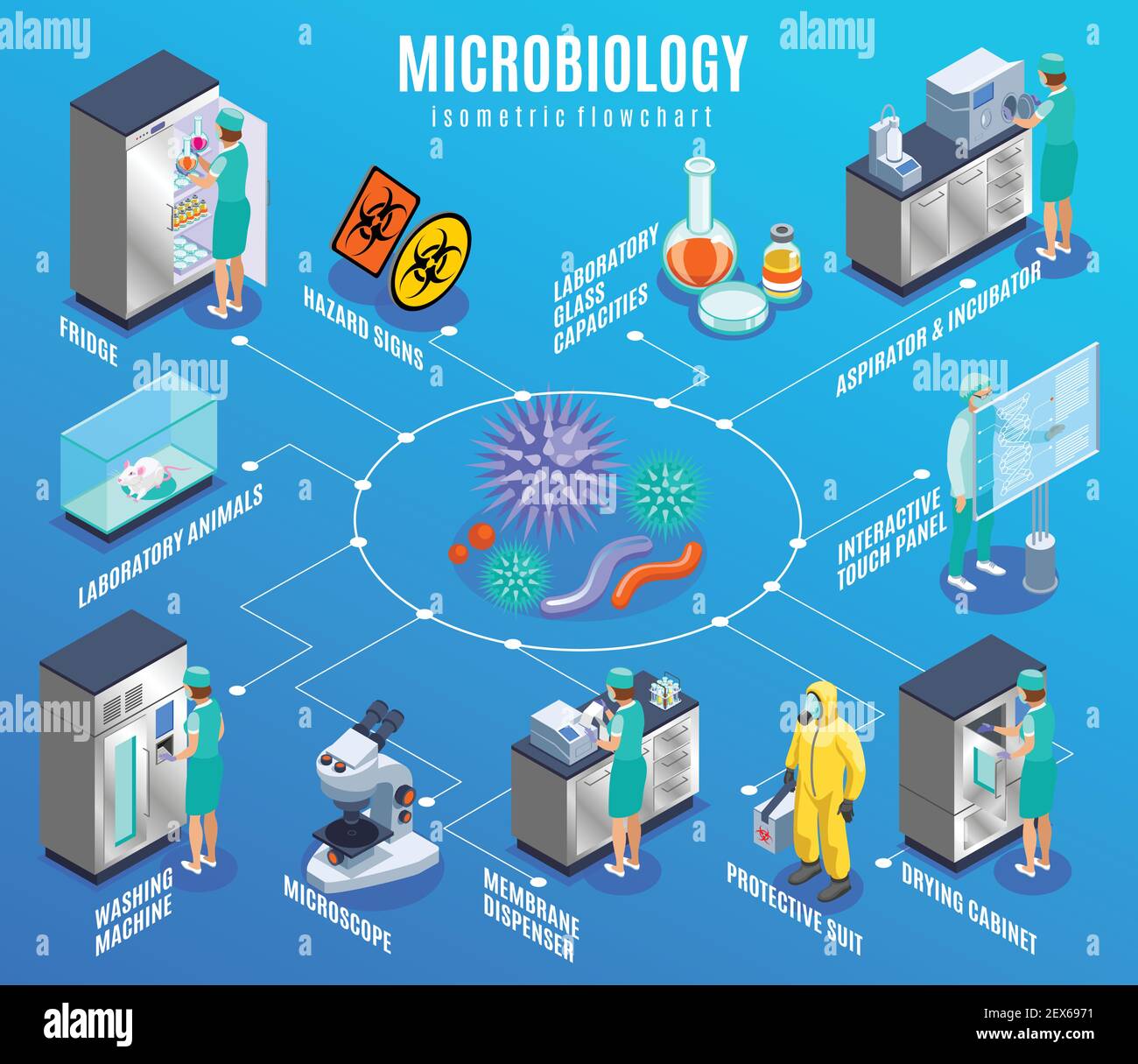 Microbiology isometric flowchart with fridge laboratory animals washing