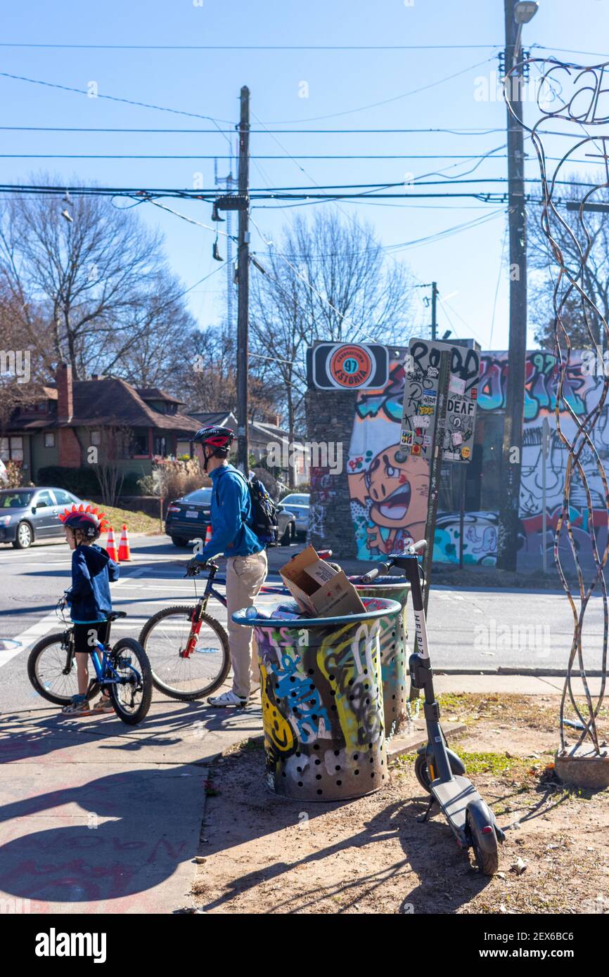 Atlanta, USA - Jan 18th 2021: City bikes available to rent to encourage people to use alternative transportation that is good for health and the envir Stock Photo