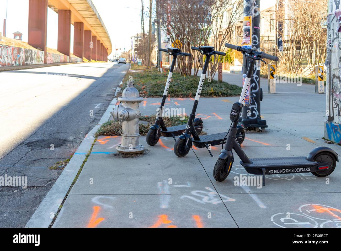 Atlanta, USA - Jan 18th 2021: City bikes available to rent to encourage people to use alternative transportation that is good for health and the envir Stock Photo