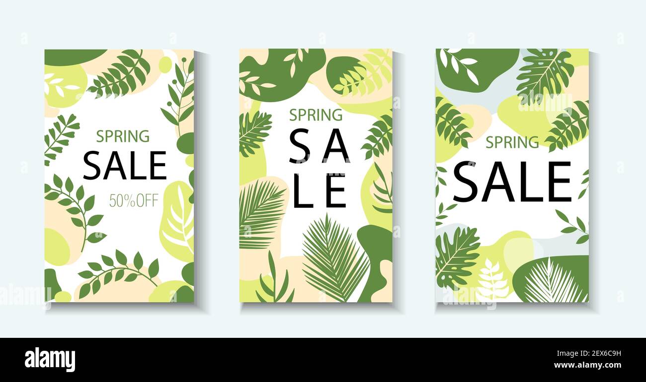 Hello spring. Collection of abstract background designs, spring sale template for your design with leaves and plants. Creative contemporary aesthetic Stock Vector