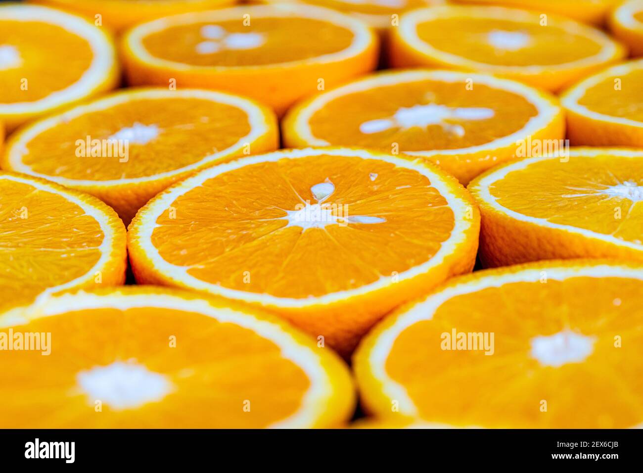 Lots of citrus fruits cut in half to make juice close-up, Stock Photo