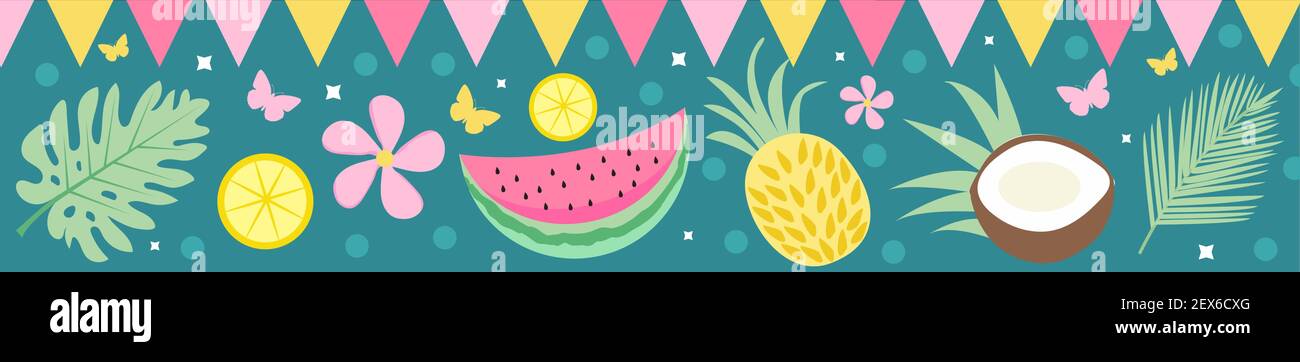 Hello summer banner background with tropical palm leaves and fruits ...