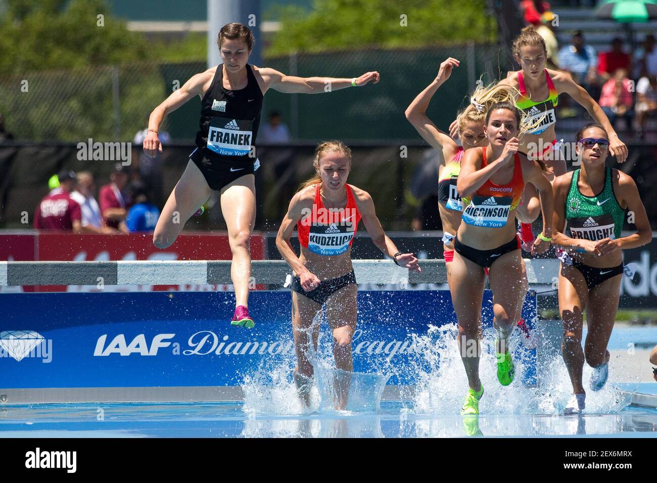 June 13, 2015; Randall's Island, NY, USA; Aisha Praught and Ashley  Higginson of the United States compete in the women's 300m steeplechase  during the IAAF Diamond League Adidas Grand Prix at Icahn