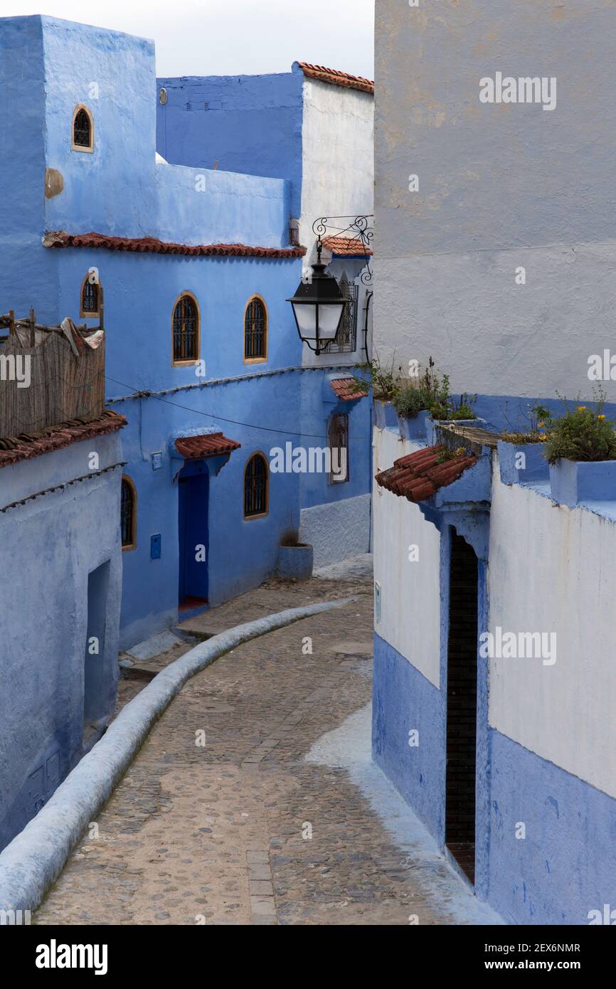 Morocco,Chefchaouen, 'the blue city'. street view of white and indigo lime washed buildings Stock Photo