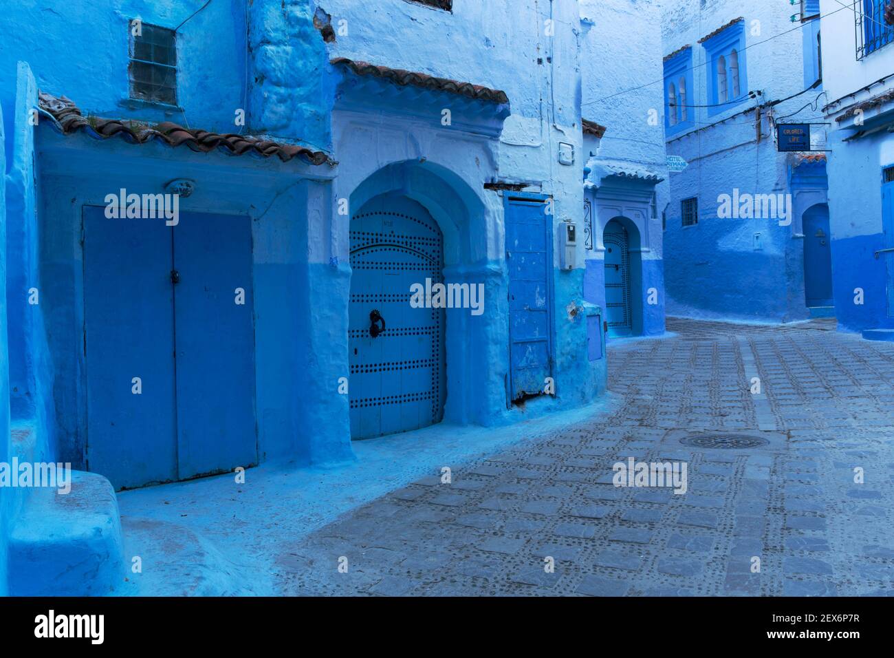 Morocco,Chefchaouen, architecture of white and indigo limewashed buildings Stock Photo