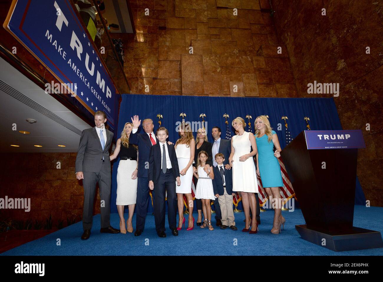 Real estate mogul and TV personality Donald Trump stands with his family on  stage, (l-r) Eric Trump, Laura Yunaska, Donald Trump, Barron Trump (son),  Melania Trump, Vanessa hay don, Donald Trump Jr.,